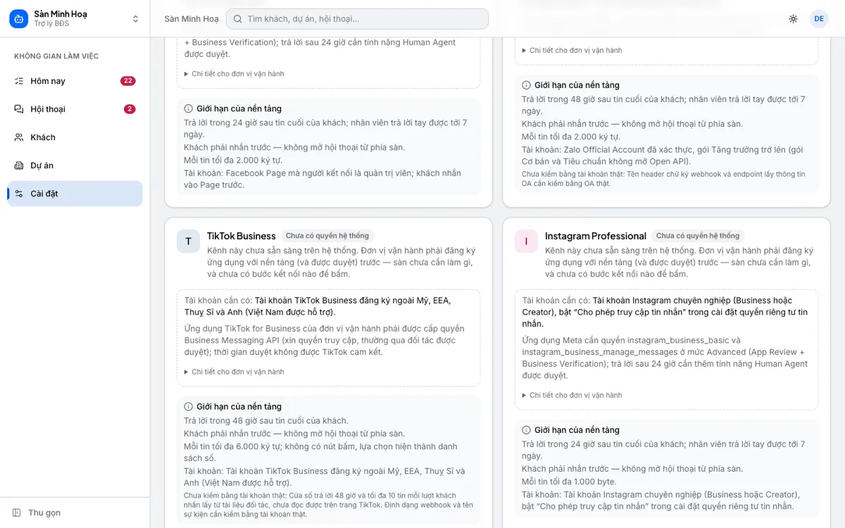 Mục Kênh trong Cài đặt: thẻ TikTok Business và Instagram Professional ghi chưa có quyền hệ thống
