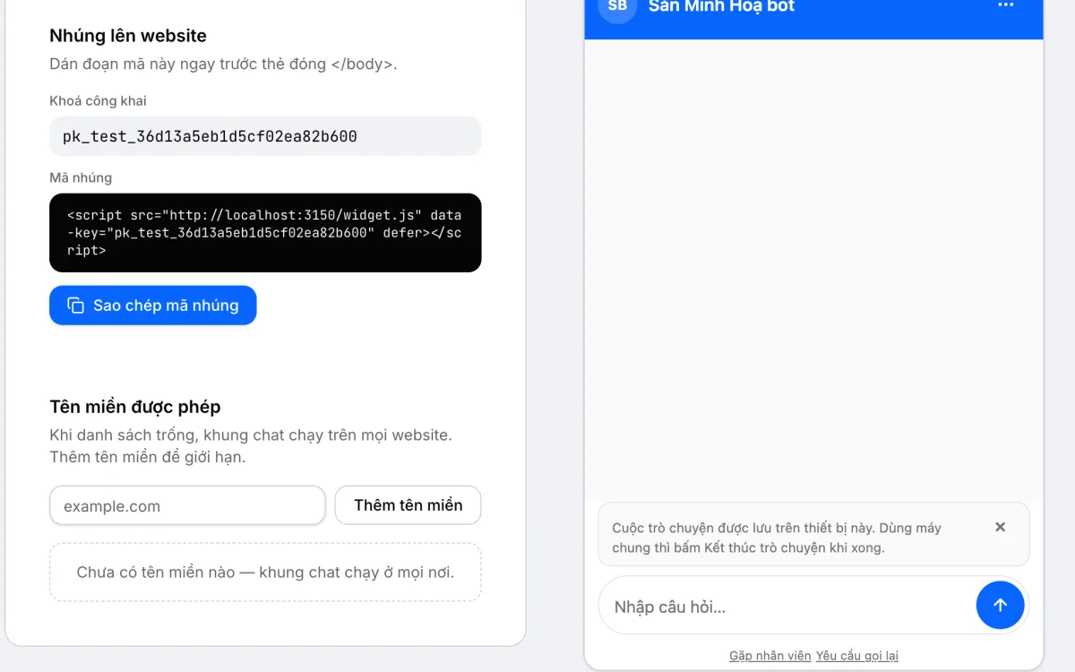 Mục Mã nhúng với một dòng script và nút Sao chép mã nhúng