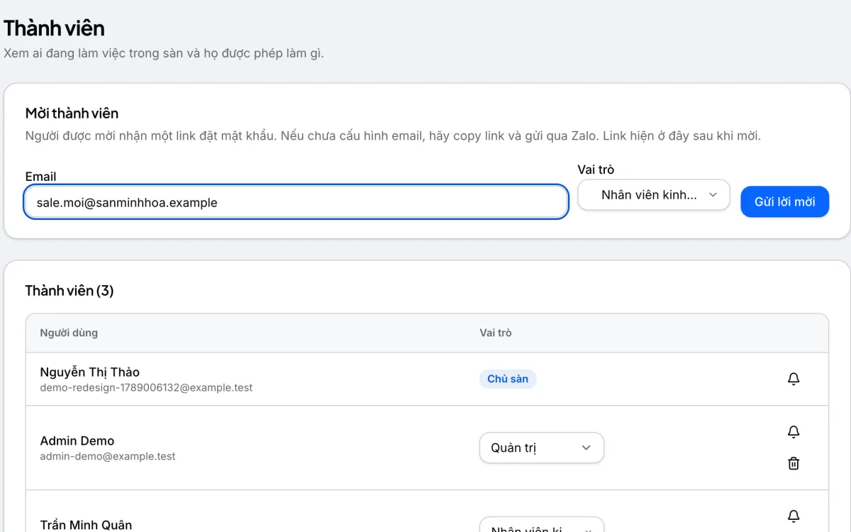 Ô mời thành viên với email và vai Nhân viên kinh doanh