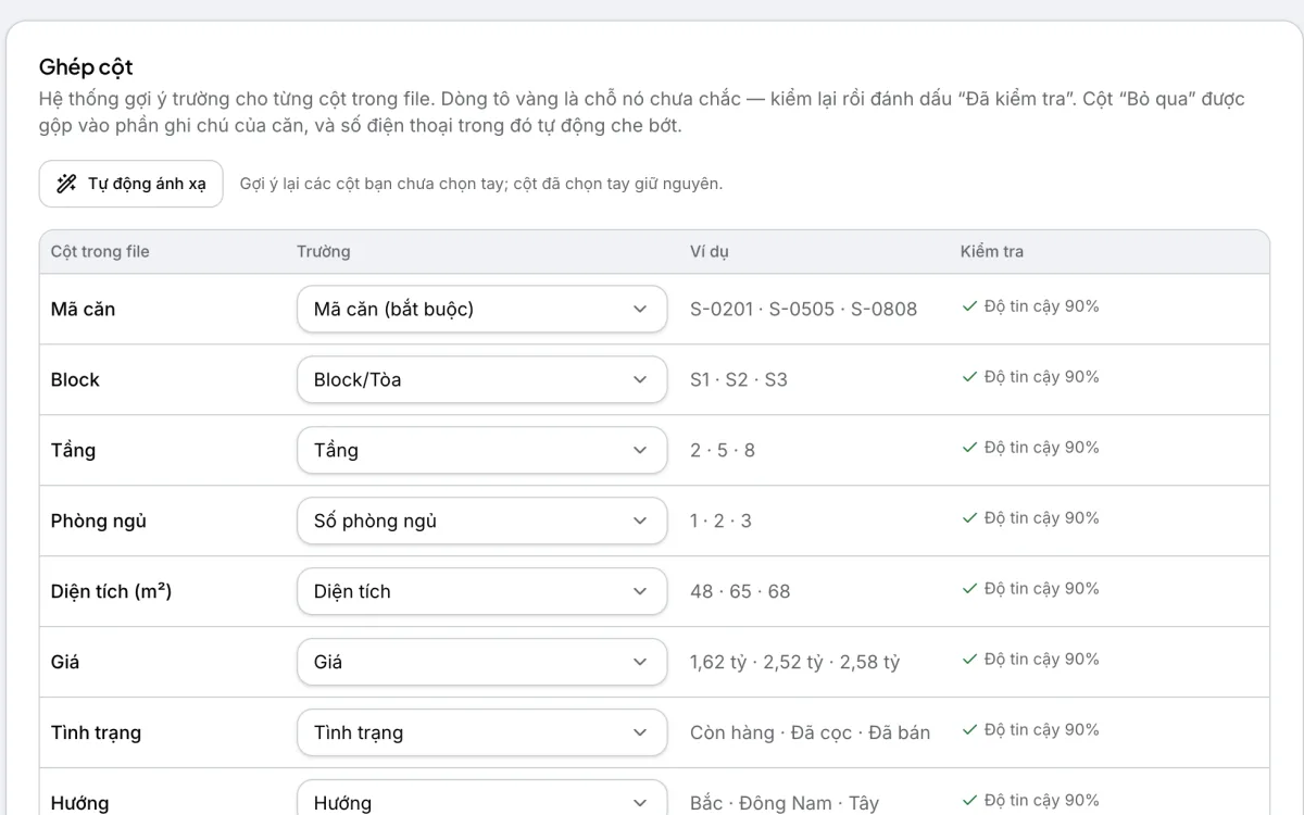 Bảng ghép cột: cột trong file, trường của hệ thống, ví dụ và mức tin cậy