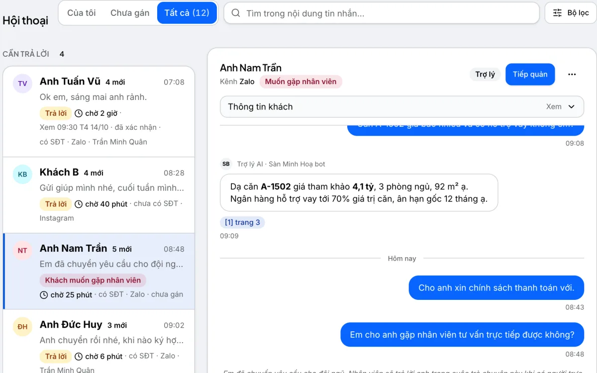 Hộp thư với ngăn Cần trả lời và các khách đang chờ