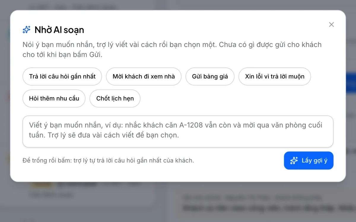 Hộp Nhờ AI soạn với các ý nhanh và ô lời dặn
