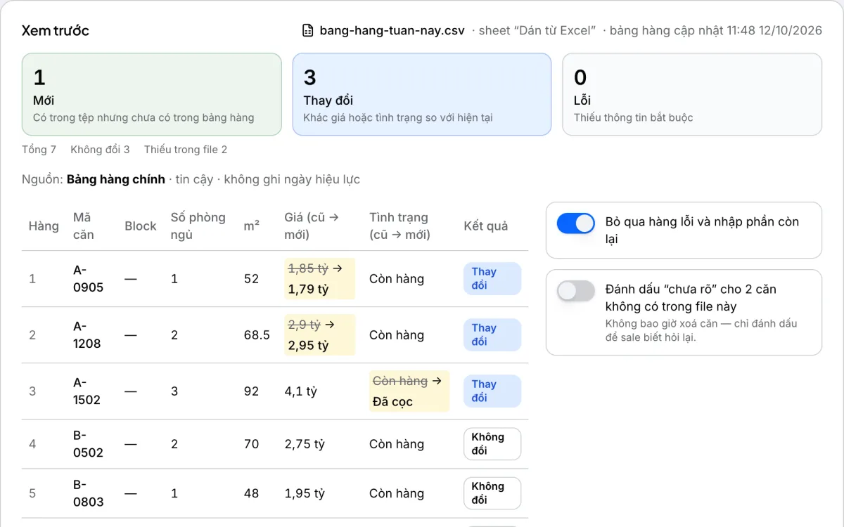 Xem trước file bảng hàng: căn mới, căn đổi giá và dòng lỗi