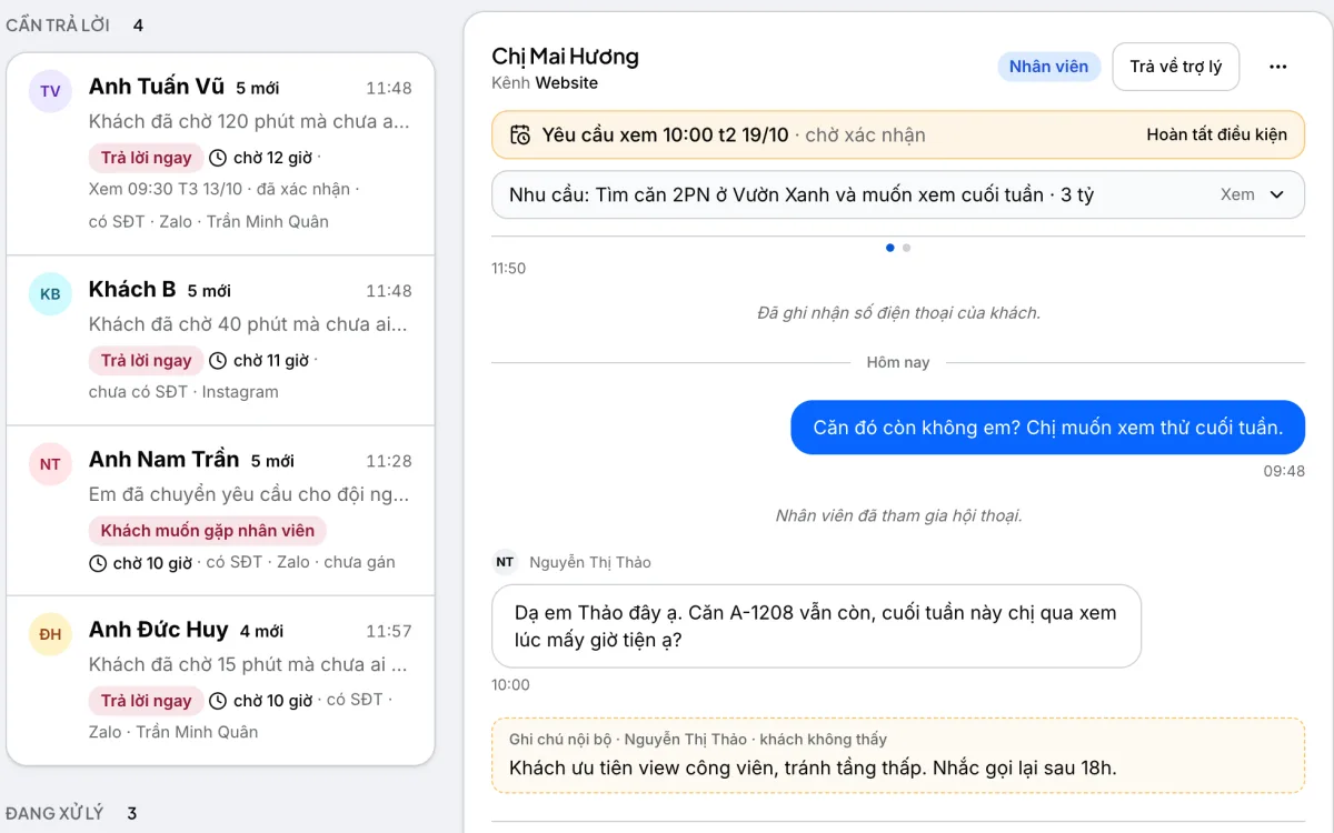 Hộp thư với ngăn Cần trả lời và các hội thoại đang chờ